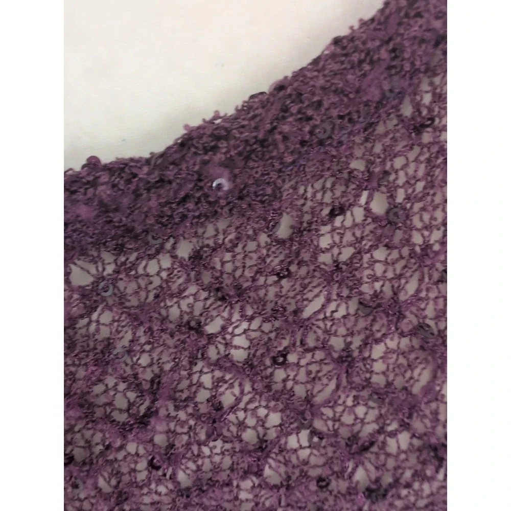 Purple Sparkly Open Knit Dress Women's Size L 3/4 Sleeve Hi-Low Sheer Stretch